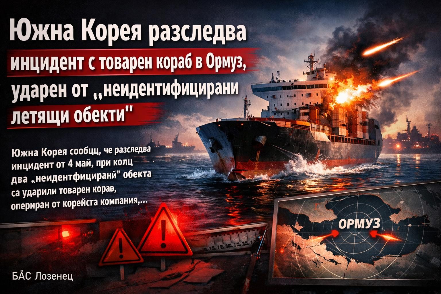Южна Корея разследва инцидент с товарен кораб в Ормуз, ударен от „неидентифицирани летящи обекти“