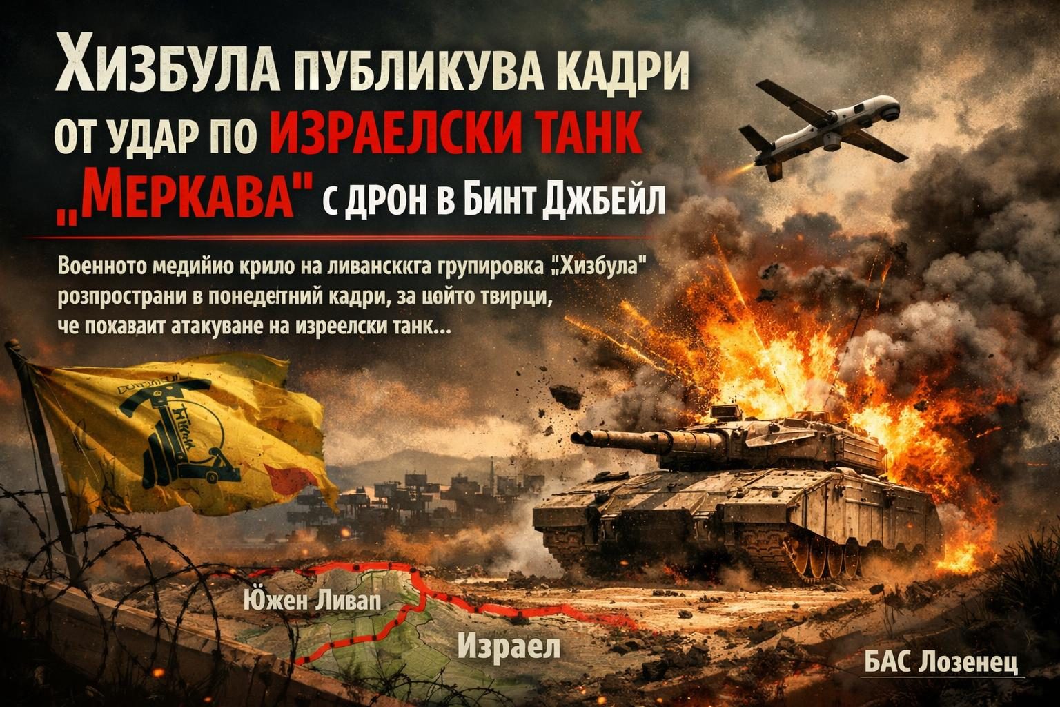 Хизбула публикува кадри от удар по израелски танк „Меркава“ с дрон в Бинт Джбейл