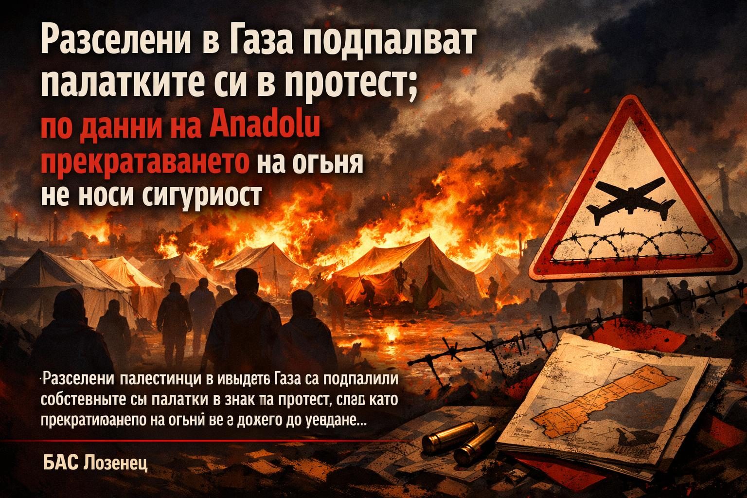 Разселени в Газа подпалват палатките си в протест; по данни на Anadolu прекратяването на огъня не носи сигурност
