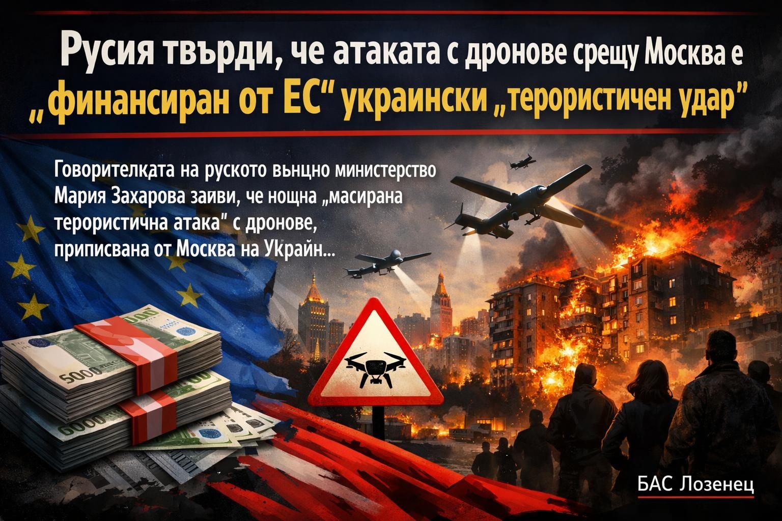 Русия твърди, че атаката с дронове срещу Москва е „финансиран от ЕС“ украински „терористичен удар“