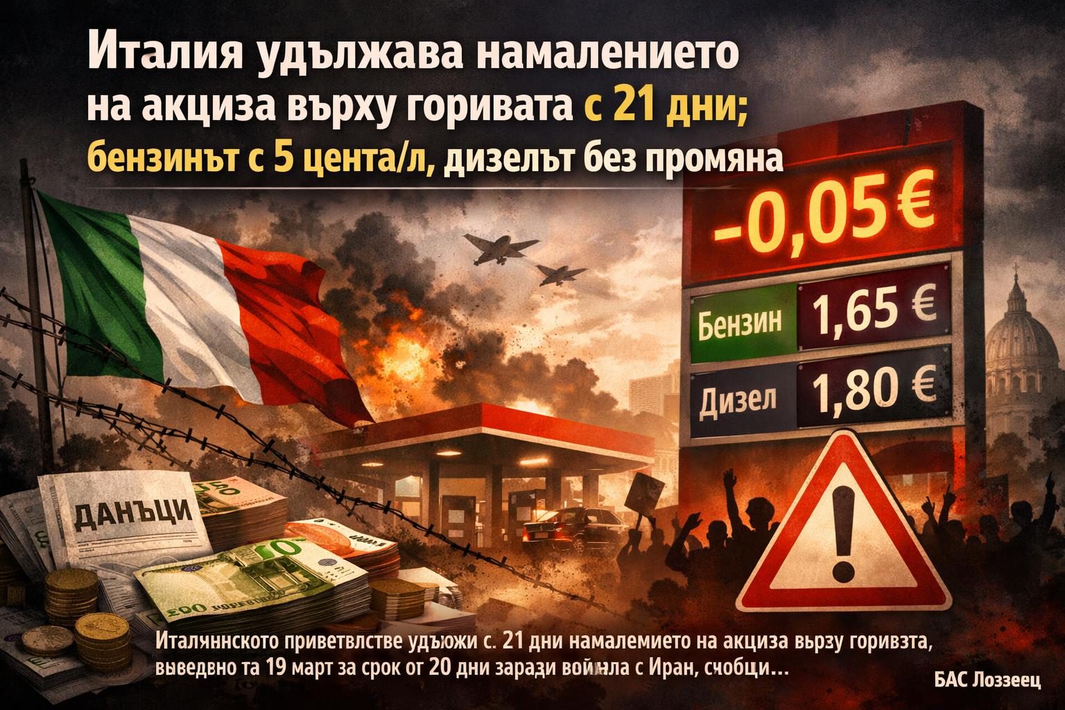 Италия удължава намалението на акциза върху горивата с 21 дни; бензинът с 5 цента/л, дизелът без промяна