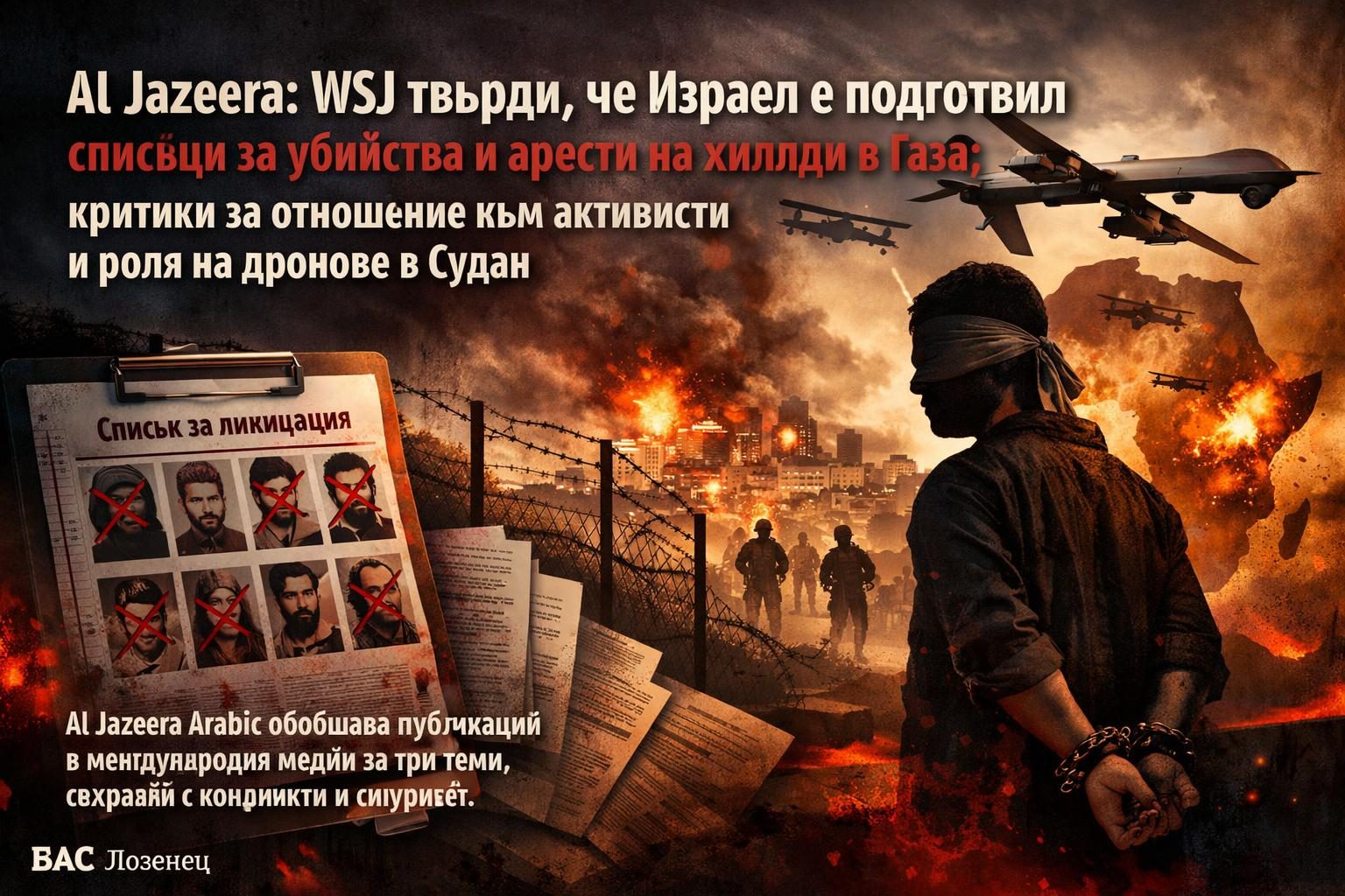 Al Jazeera: WSJ твърди, че Израел е подготвил списъци за убийства и арести на хиляди в Газа; критики за отношение към активисти и роля на дронове в Судан