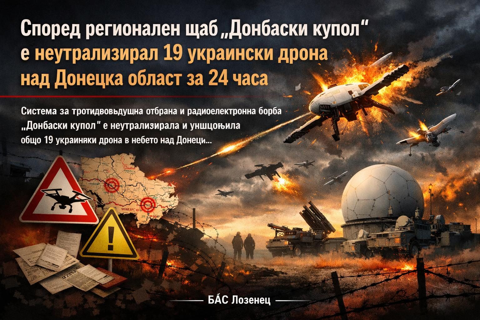 Според регионален щаб „Донбаски купол“ е неутрализирал 19 украински дрона над Донецка област за 24 часа