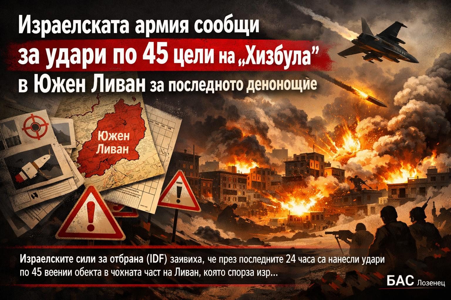 Израелската армия съобщи за удари по 45 цели на „Хизбула“ в Южен Ливан за последното денонощие