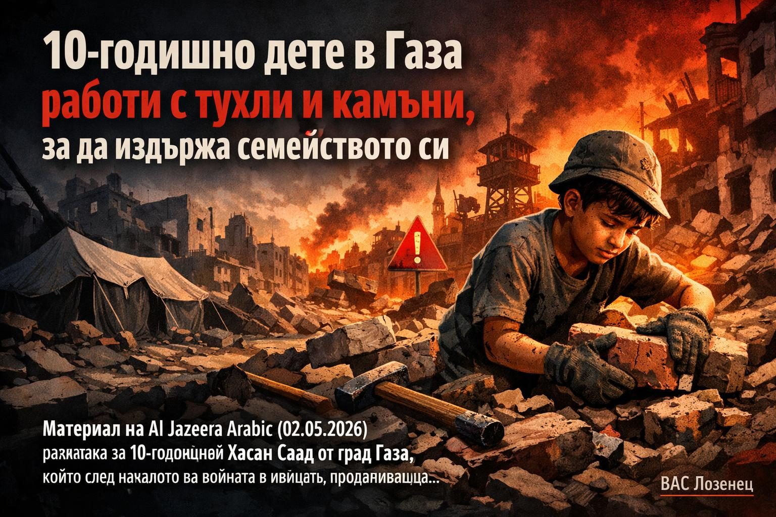 10-годишно дете в Газа работи с тухли и камъни, за да издържа семейството си