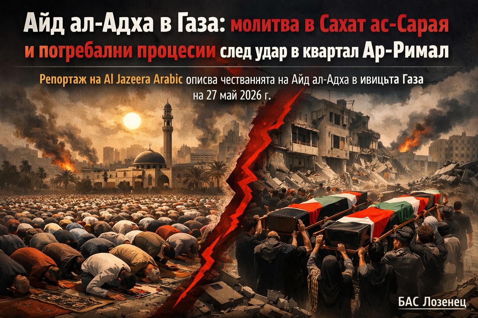 Айд ал-Адха в Газа: молитва в Сахат ас-Сарая и погребални процесии след удар в квартал Ар-Римал