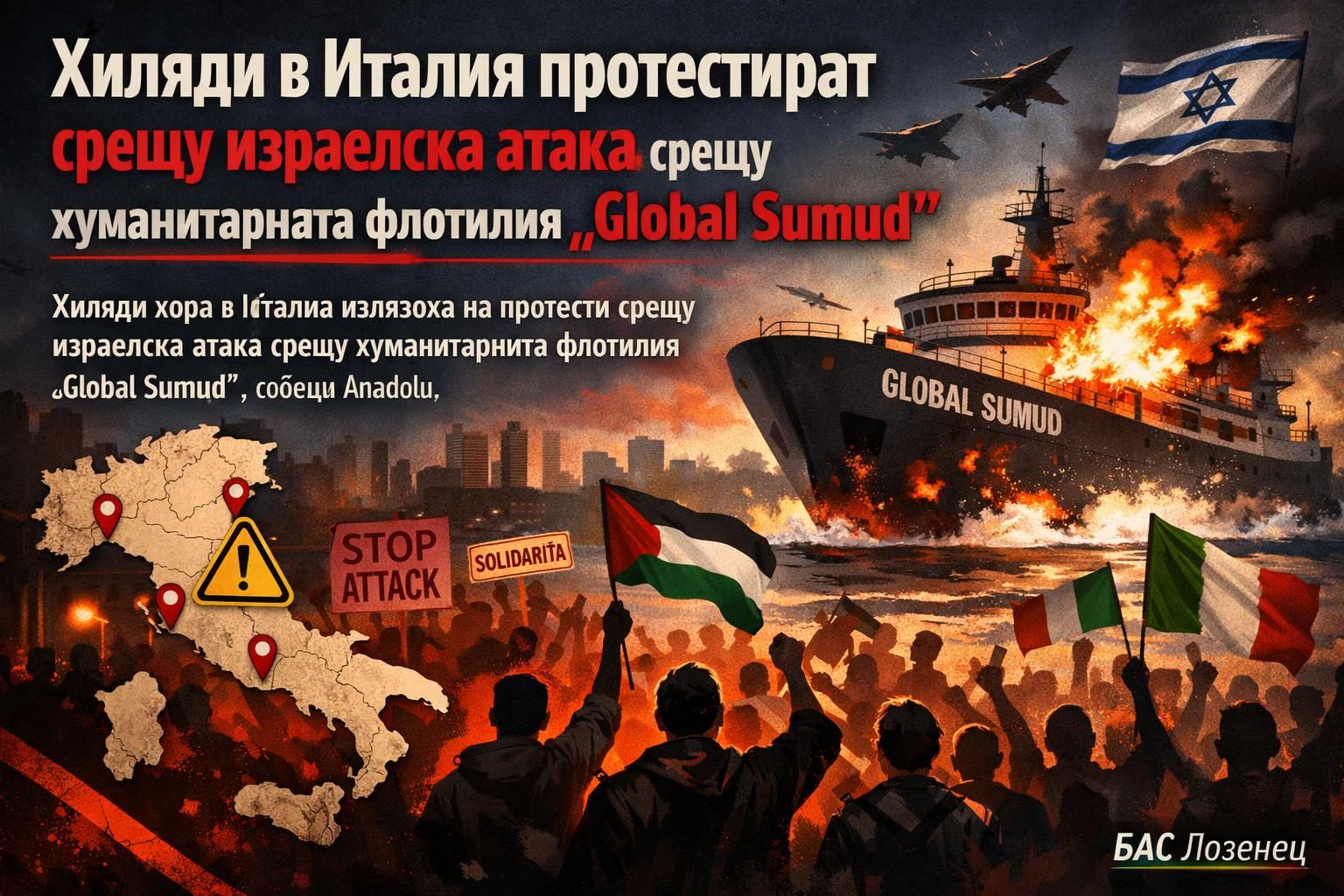 Хиляди в Италия протестират срещу израелска атака срещу хуманитарната флотилия „Global Sumud“
