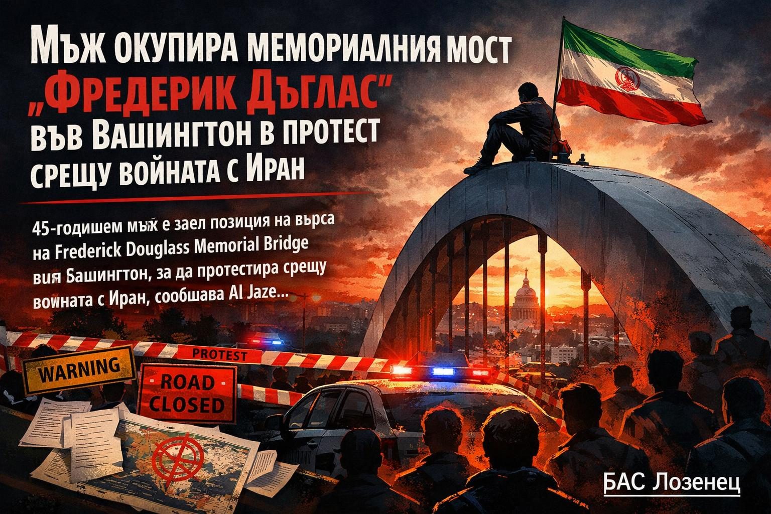Мъж окупира мемориалния мост „Фредерик Дъглас“ във Вашингтон в протест срещу войната с Иран
