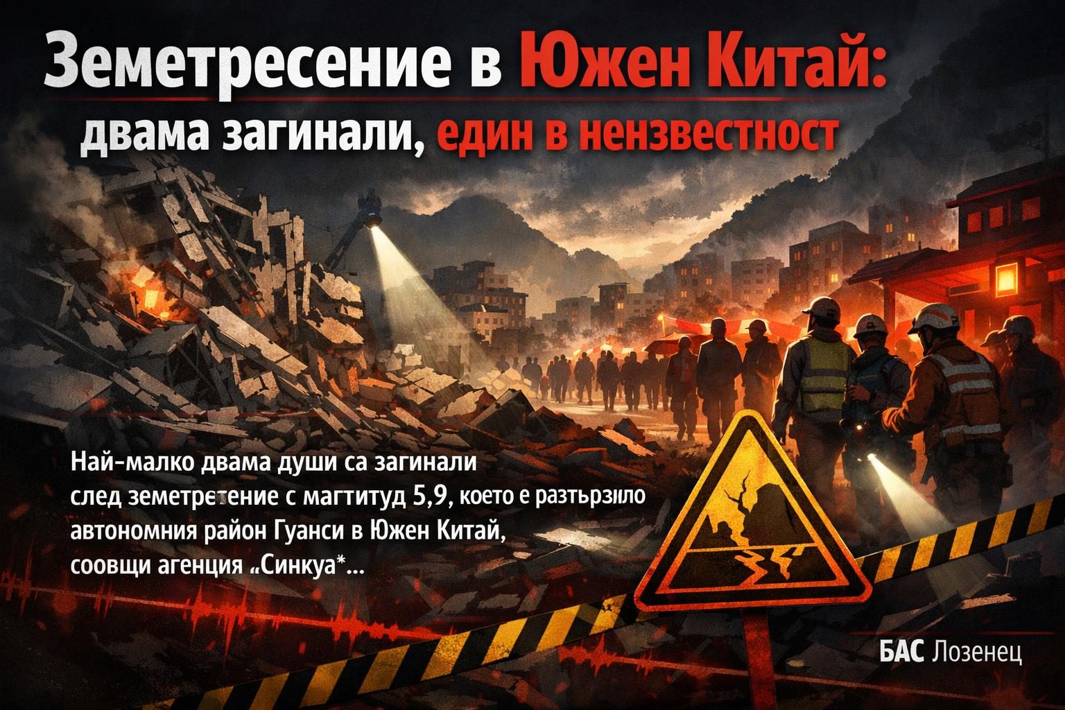 Земетресение в Южен Китай: двама загинали, един в неизвестност