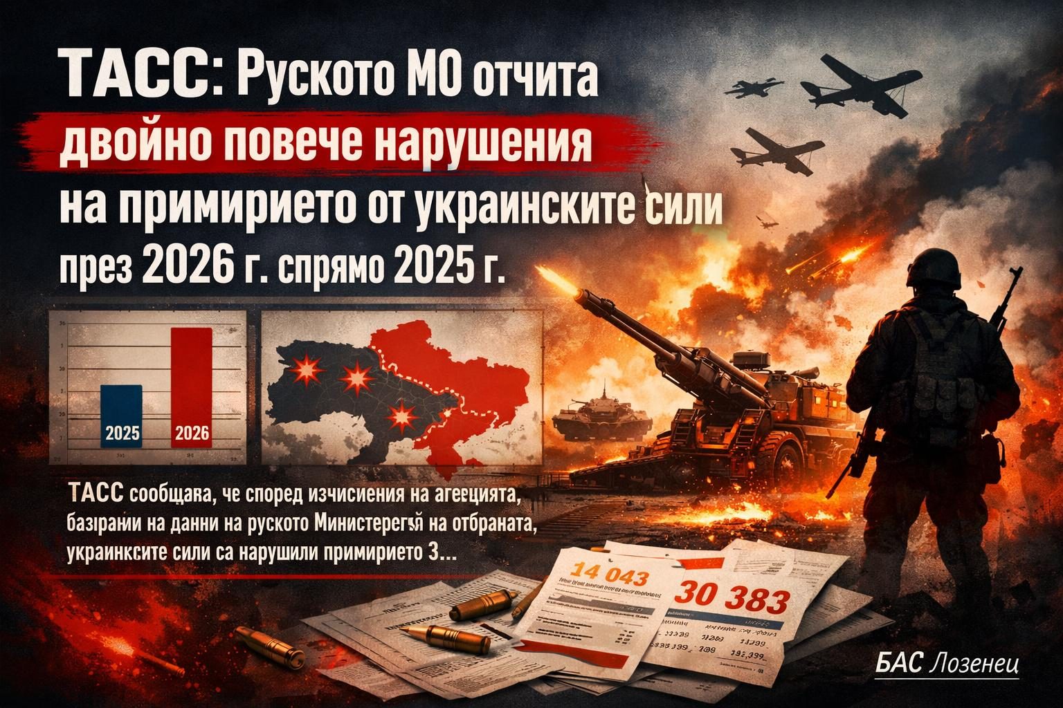 ТАСС: Руското МО отчита двойно повече нарушения на примирието от украинските сили през 2026 г. спрямо 2025 г.