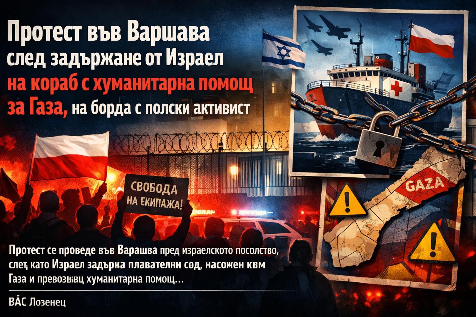 Протест във Варшава след задържане от Израел на кораб с хуманитарна помощ за Газа, на борда с полски активист