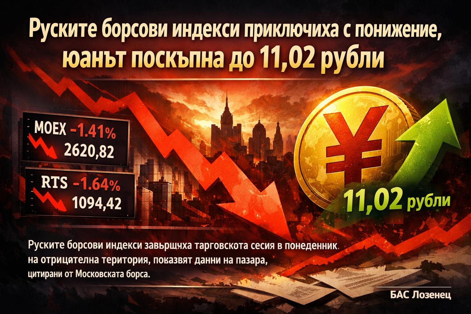 Руските борсови индекси приключиха с понижение, юанът поскъпна до 11,02 рубли