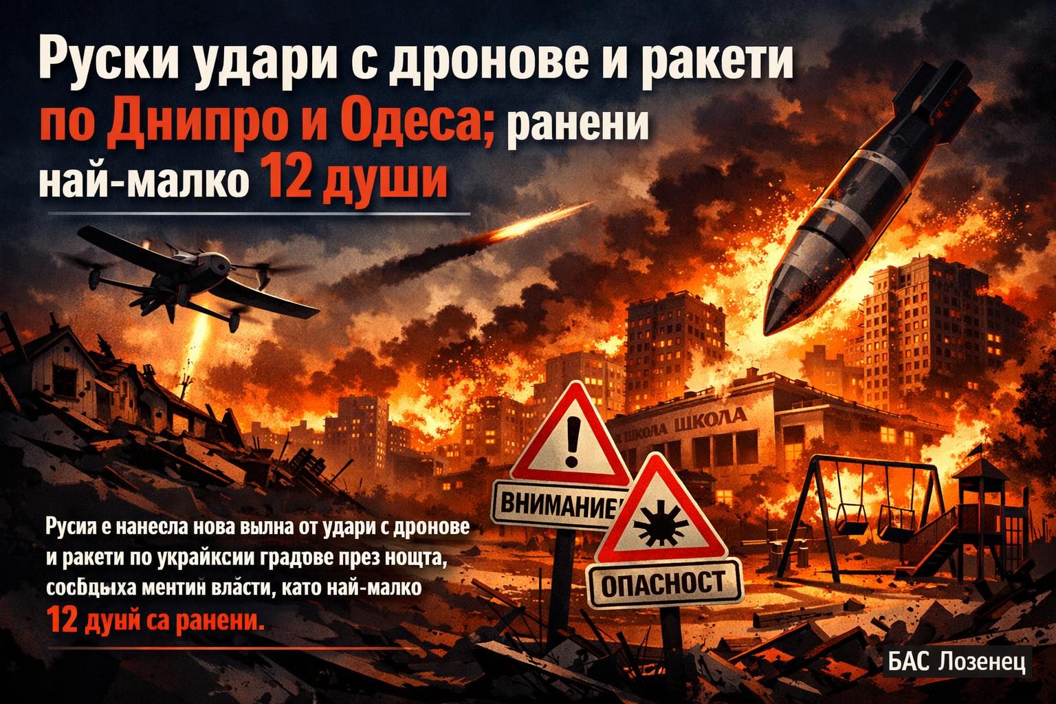 Руски удари с дронове и ракети по Днипро и Одеса; ранени най-малко 12 души