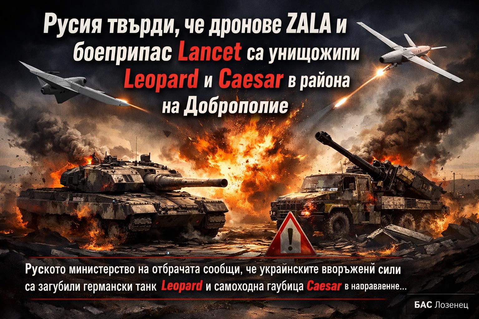 Русия твърди, че дронове ZALA и боеприпас Lancet са унищожили Leopard и Caesar в района на Доброполие
