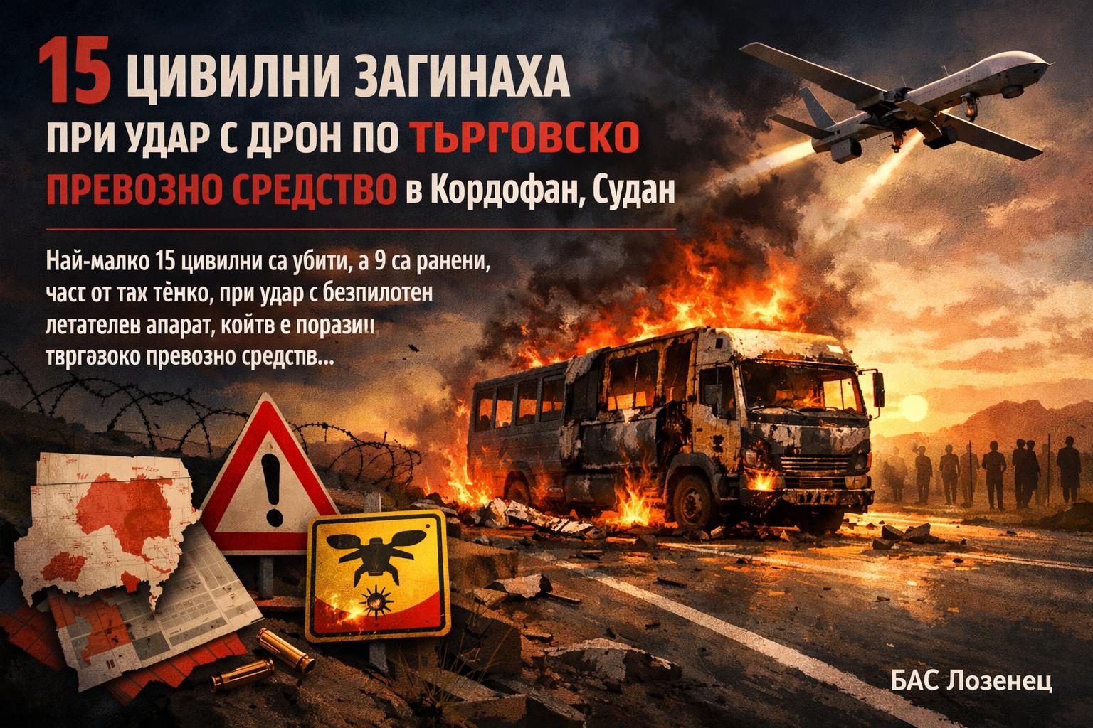 15 цивилни загинаха при удар с дрон по търговско превозно средство в Кордофан, Судан