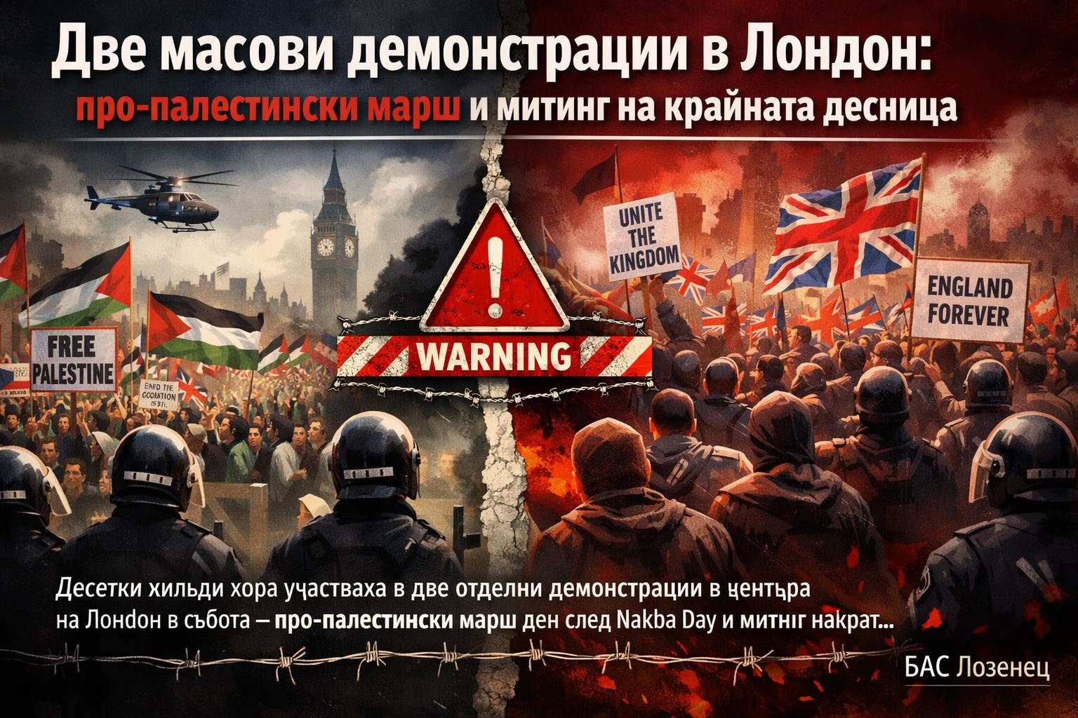 Две масови демонстрации в Лондон: про-палестински марш и митинг на крайната десница
