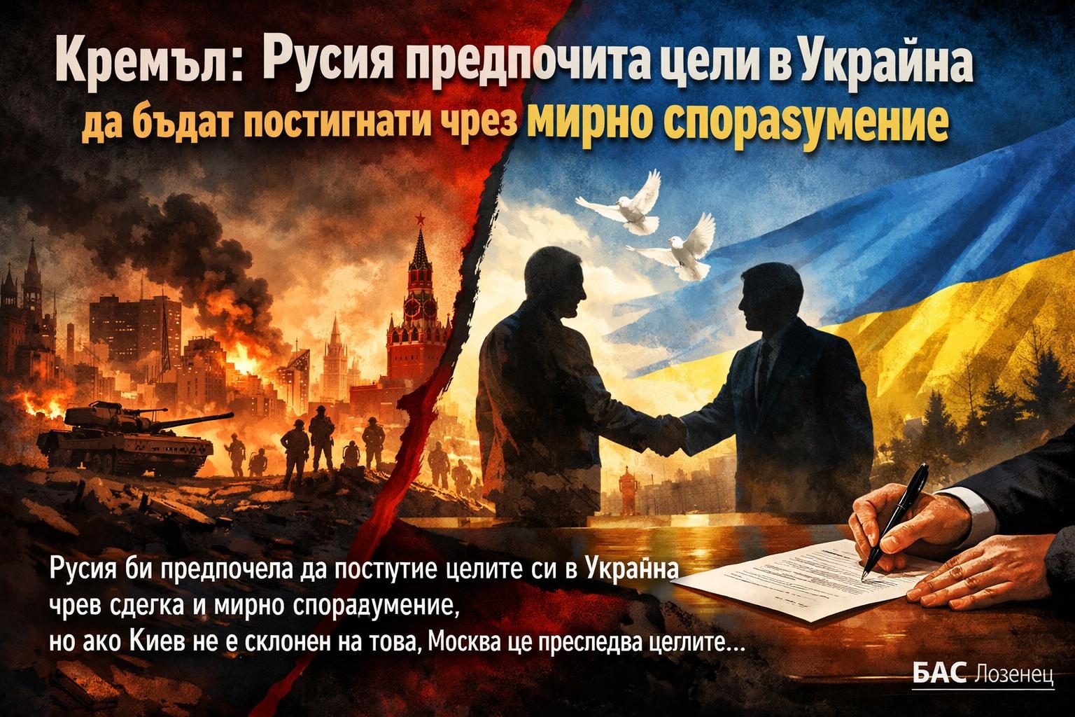 Кремъл: Русия предпочита цели в Украйна да бъдат постигнати чрез мирно споразумение