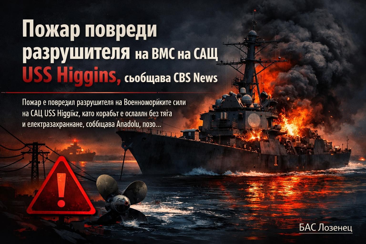 Пожар повреди разрушителя на ВМС на САЩ USS Higgins, съобщава CBS News