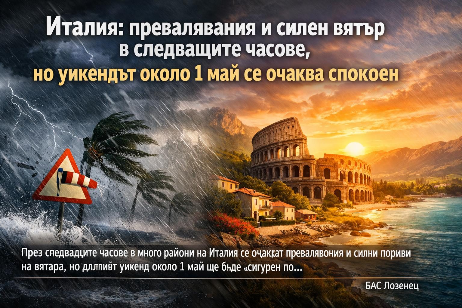 Италия: превалявания и силен вятър в следващите часове, но уикендът около 1 май се очаква спокоен