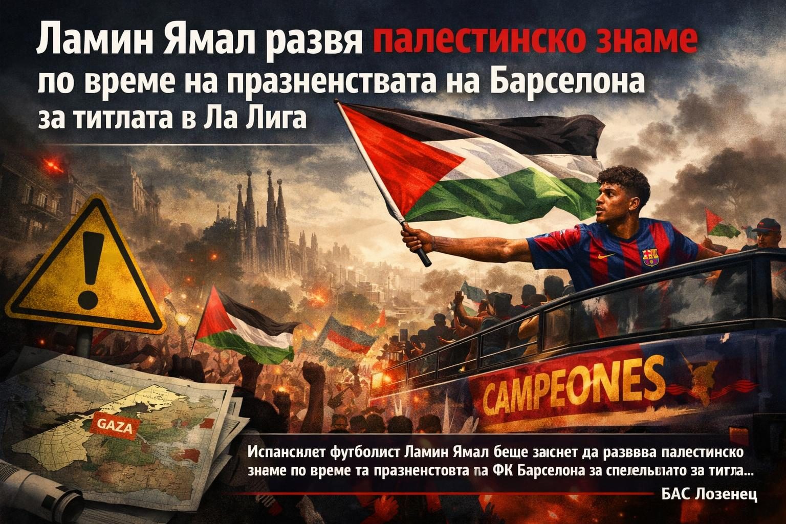 Ламин Ямал развя палестинско знаме по време на празненствата на Барселона за титлата в Ла Лига