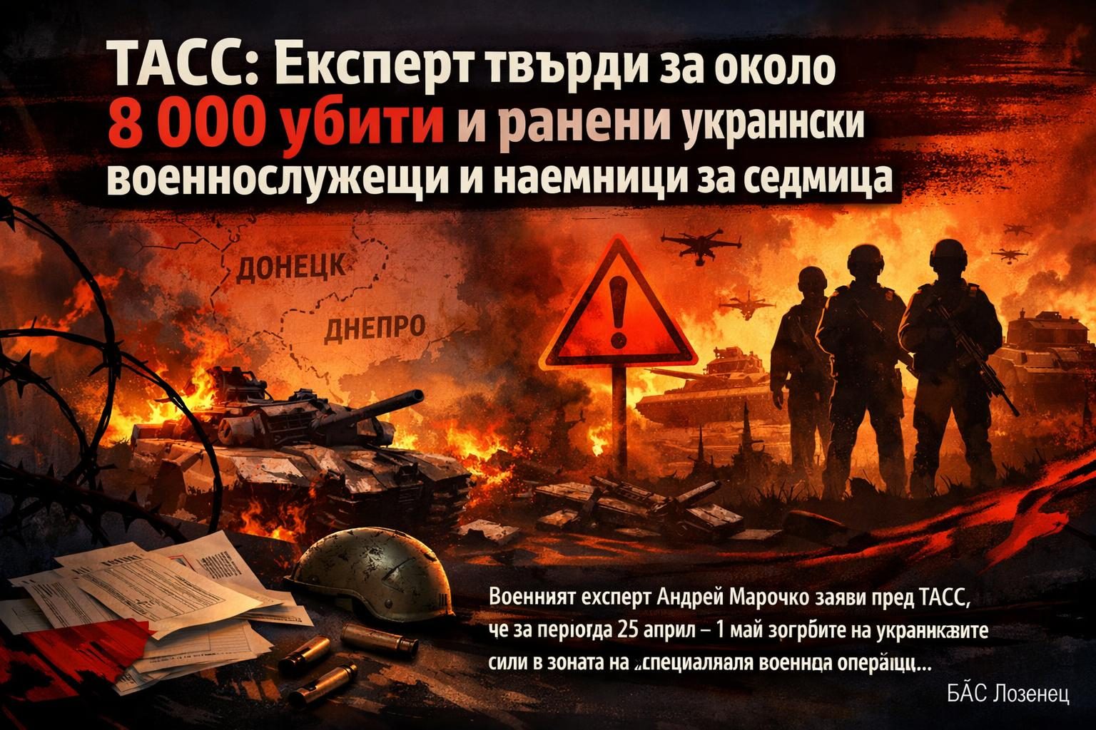 ТАСС: Експерт твърди за около 8 000 убити и ранени украински военнослужещи и наемници за седмица