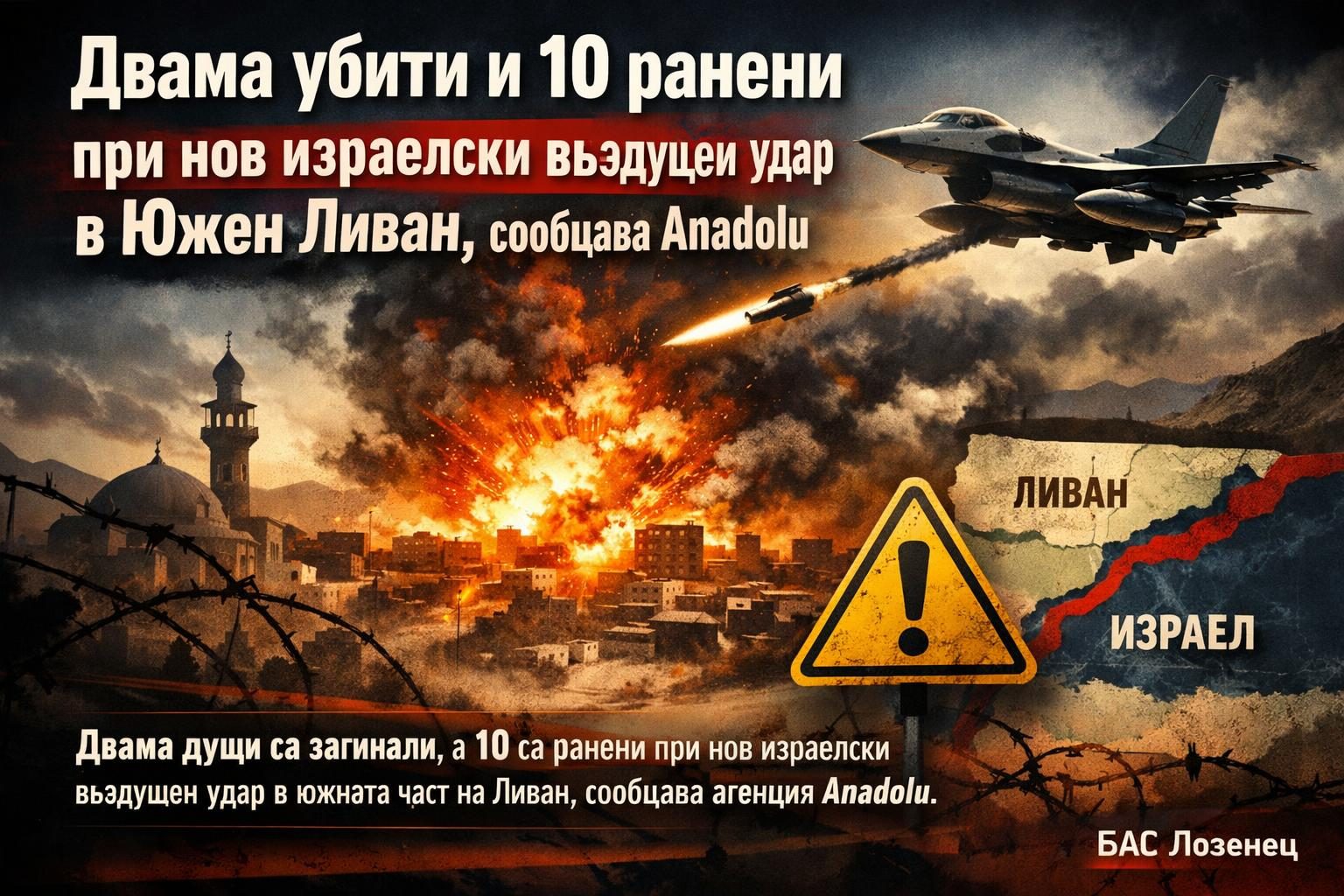 Двама убити и 10 ранени при нов израелски въздушен удар в Южен Ливан, съобщава Anadolu