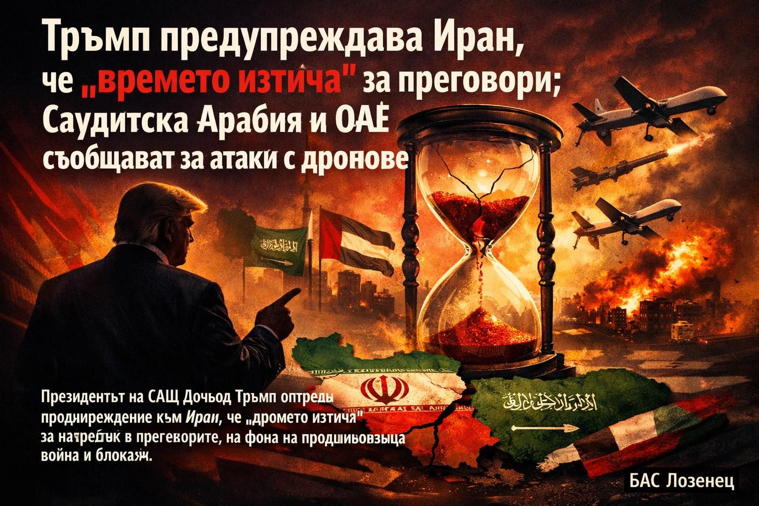 Тръмп предупреждава Иран, че „времето изтича“ за преговори; Саудитска Арабия и ОАЕ съобщават за атаки с дронове